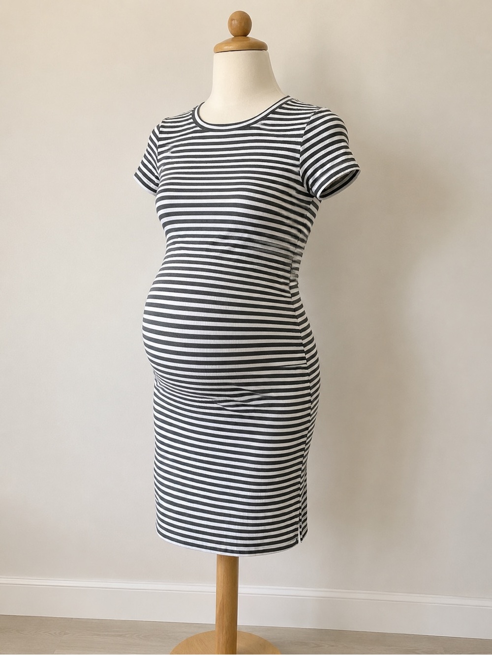 Maternity Striped Green & White Soft Ribbed T-Shirt Dress Casual Comfortable XS